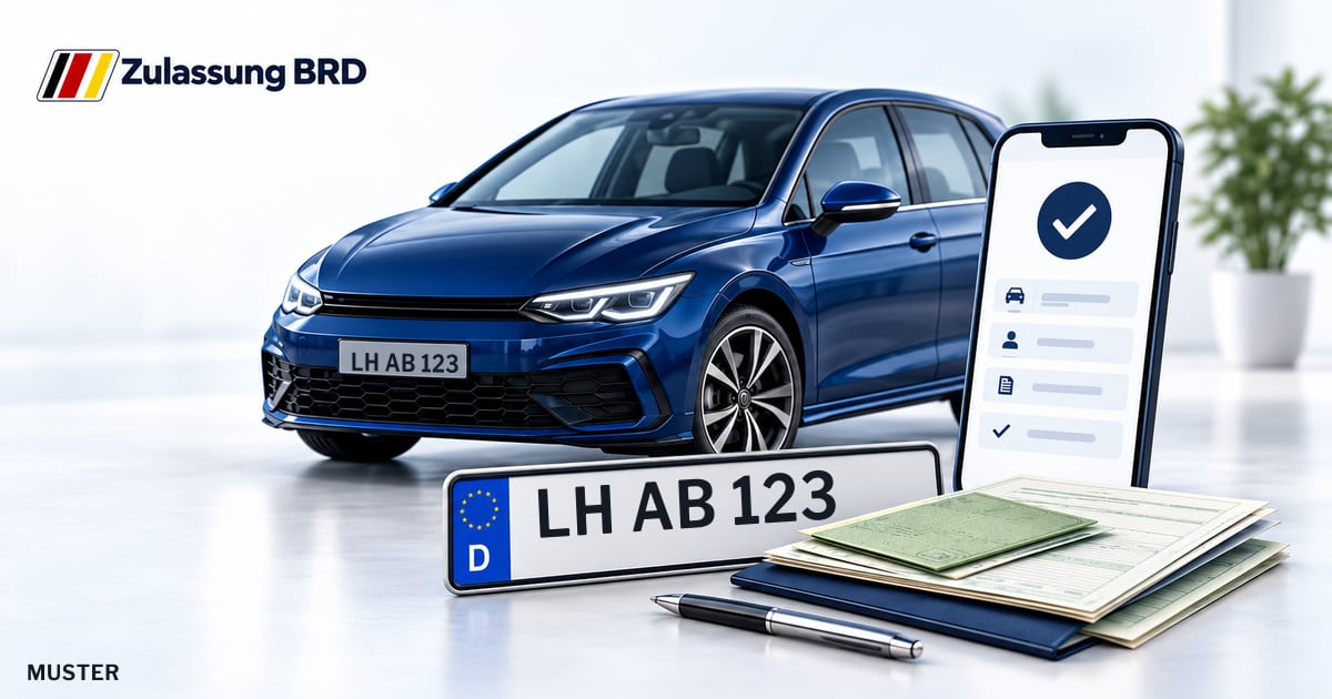 Online Fahrzeugzulassung in Ascheberg: Musterkennzeichen LH AB 123, Auto und Fahrzeugpapiere und Smartphone. Illustration mit Logo von Zulassung BRD.